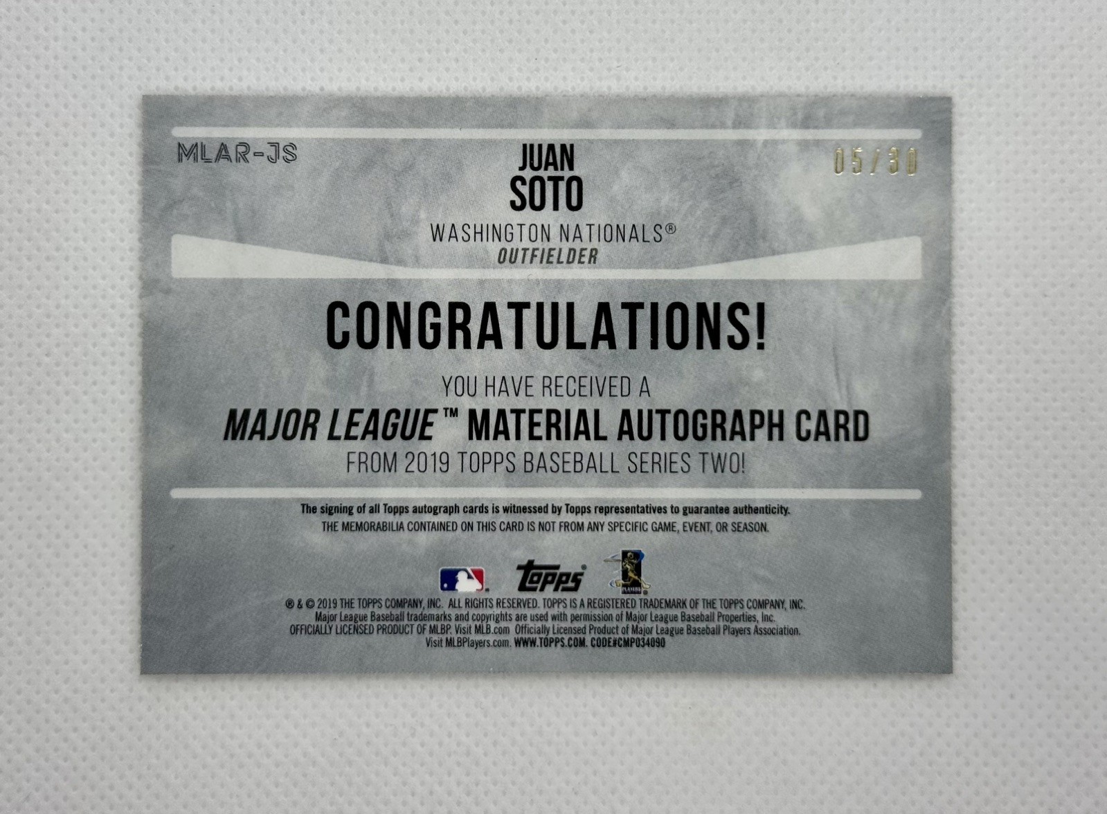 2019 Topps Major League Material Auto Relics 05/30 Juan Soto #MLAR-JS Auto