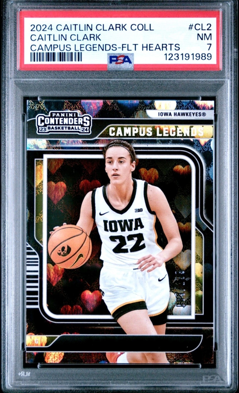 Caitlin Clark PSA 7 PANINI 2024 COLLECTION CAMPUS LEGENDS FLT HEARTS #’d /199