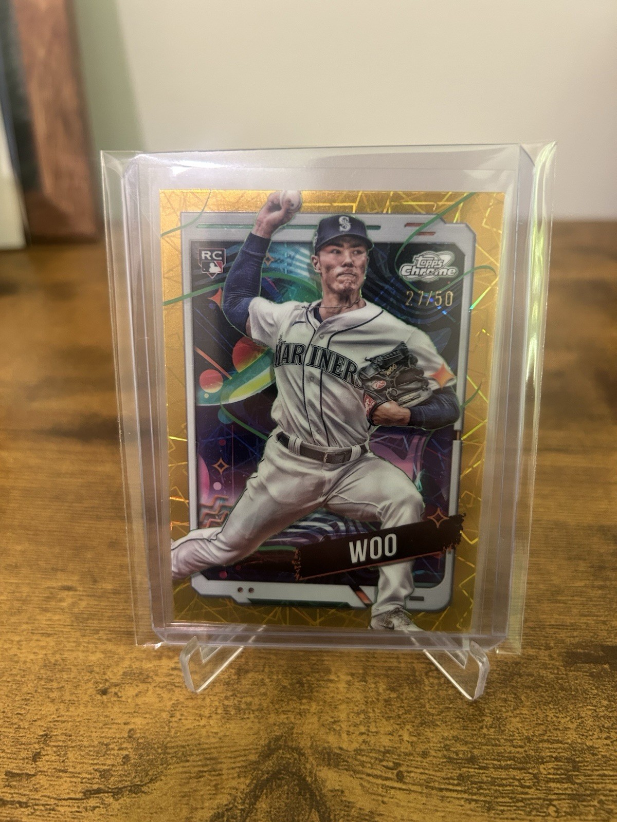 2024 Topps Cosmic Chrome – Bryan Woo #97 Gold Interstellar Refractor /50 (RC)