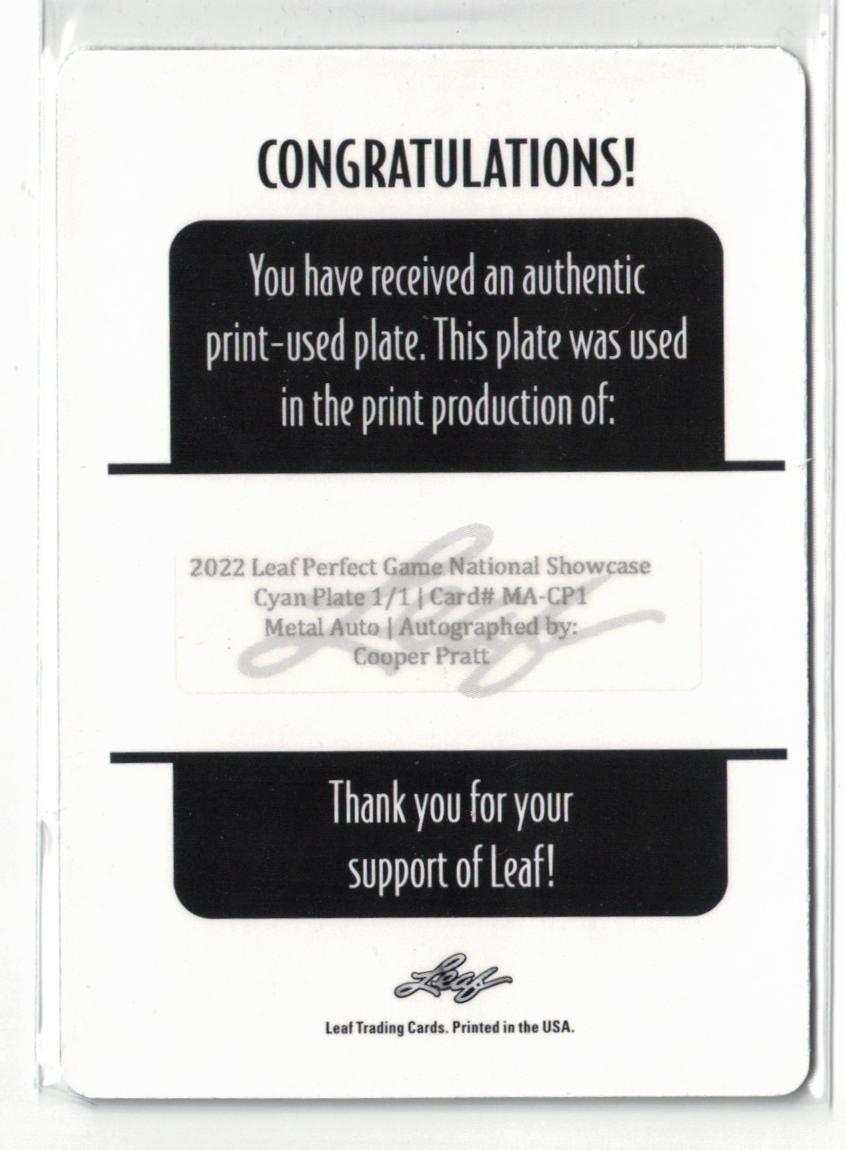2022 Leaf Perfect Game PRINTING PLATE RC AUTO Cooper Pratt! Autograph One of 1/1