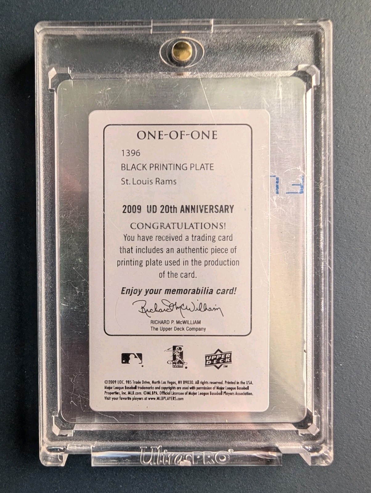 Upper Deck 2009 UD 20th Ann. Black Printing Plate 1/1 Kurt Warner #1396 MVP