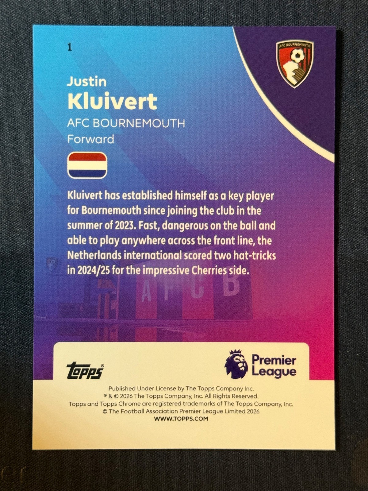 2025-26 Topps LogoFractor EPL Justin Kluivert Gold LogoFractor /50 Bournemouth