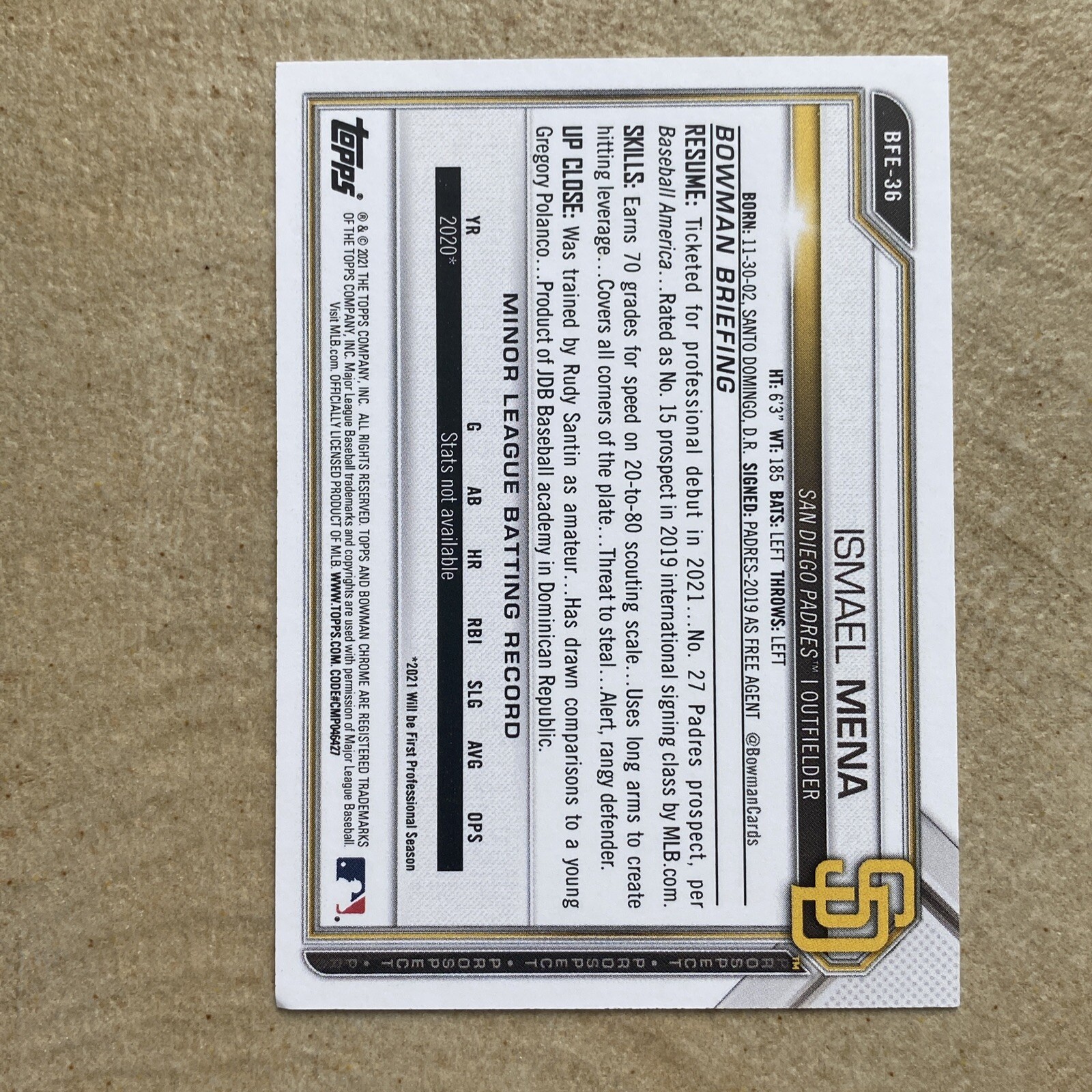 2021 Bowman 1ST EDITION DRAFT 1ST ROOKIE #BFE-36 ISMAEL MENA SAN DIEGO PADRES