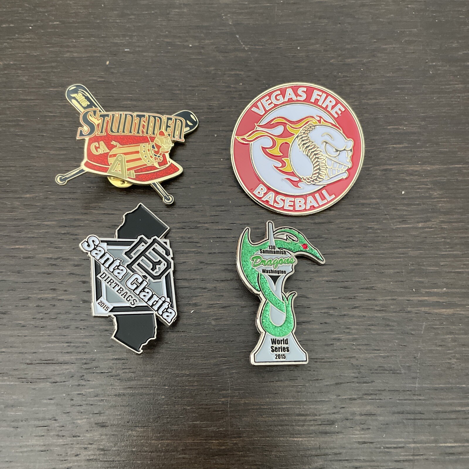 4 Misc Baseball Pins Vegas Fire, 2015 Stuntman, 2015 Santa Clarita, 2015 Dragons