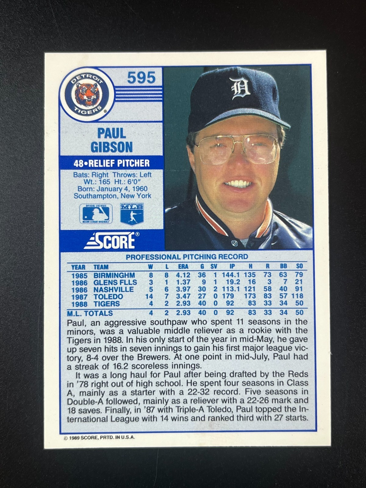 1989 Score – Paul Gibson #595 Corrected Hand Airbrushed Out in Background NM