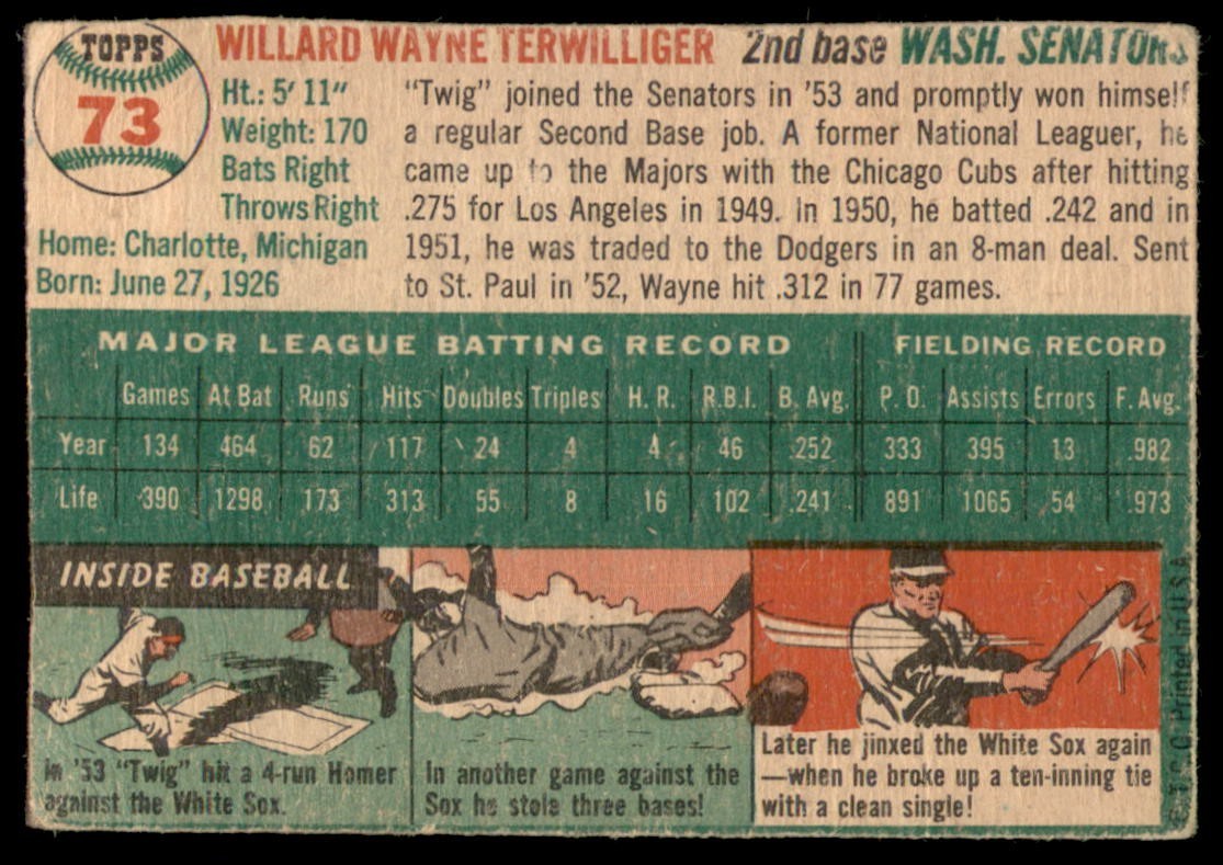 1954 Topps #73 WAYNE TERWILLIGER Washington Senators G/VG (Wrinting/Wrinkles)