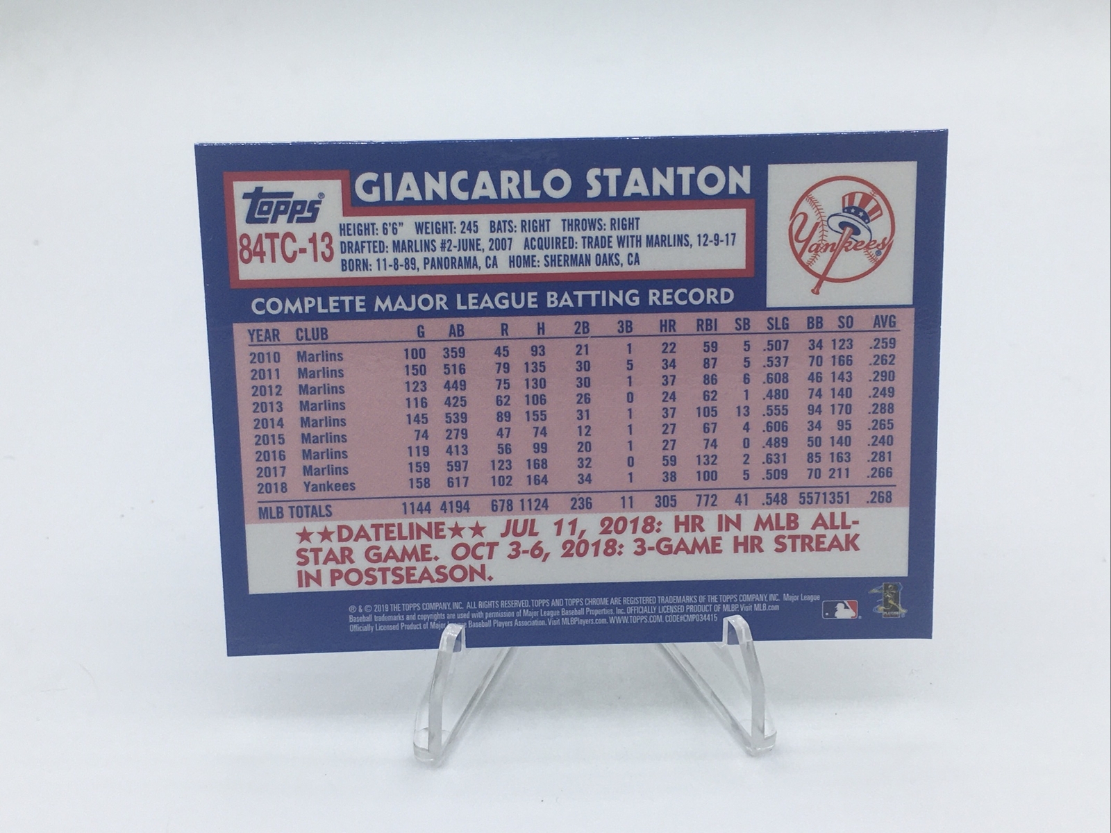2019 Topps Chrome Giancarlo Stanton 1984 Refractor 84TC-13. A1O