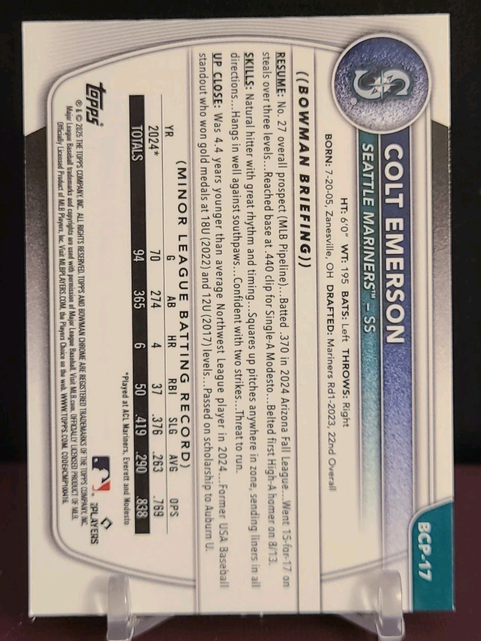 2025 Bowman – Chrome Prospects Colt Emerson #BCP-17
