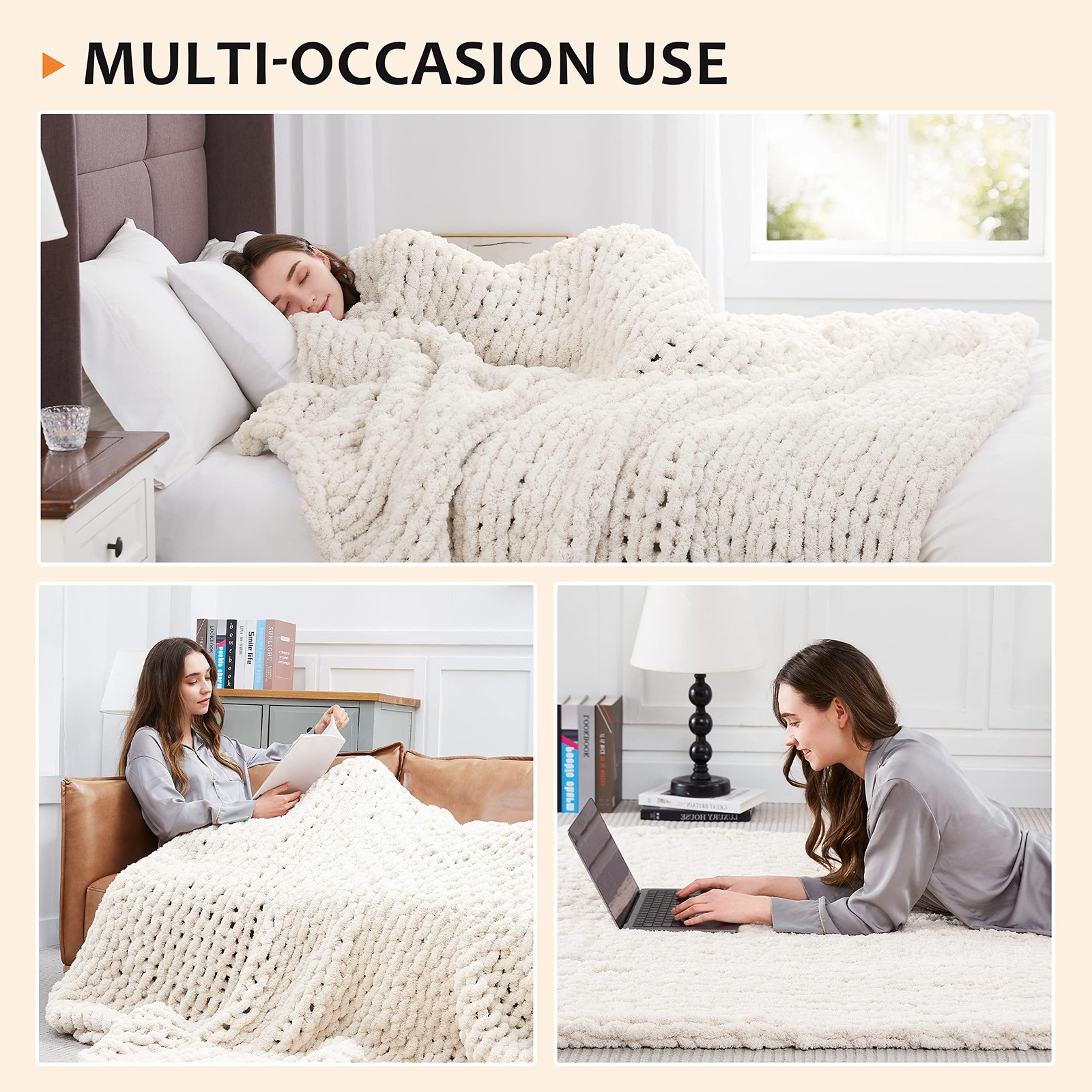 L’AGRATY Chunky Knit Blanket Throw,Soft Chenille Yarn Throw 50″x60″, Ivory