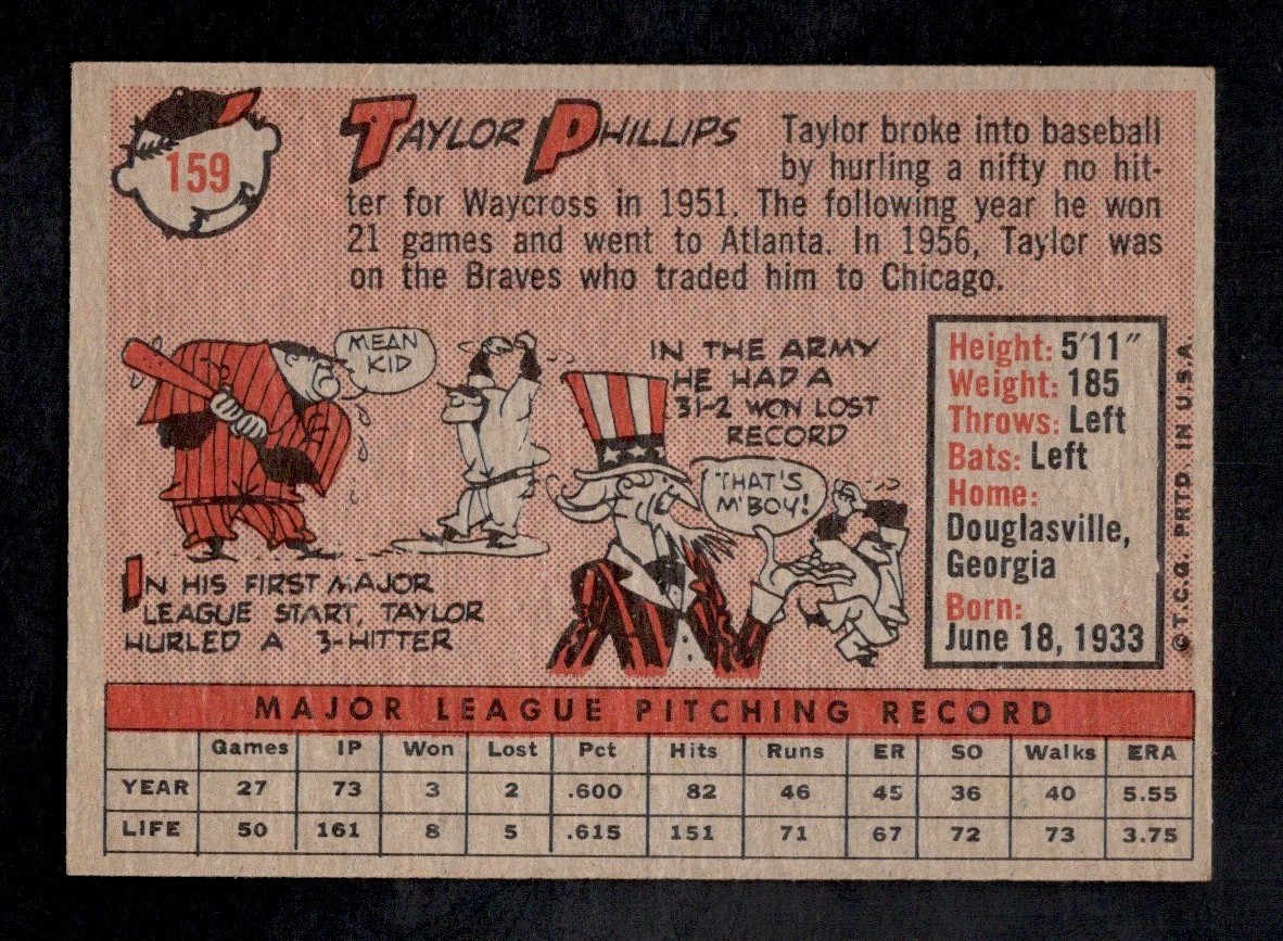 1958 Topps Baseball Card #159 Taylor Phillips Chicago Cubs NRMT
