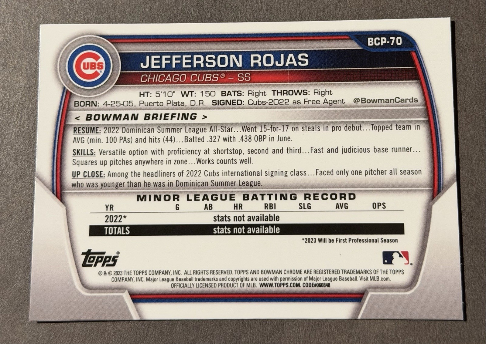 2023 Bowman Sapphire Jefferson Rojas #BCP-70 1st Bowman Chrome Chicago Cubs