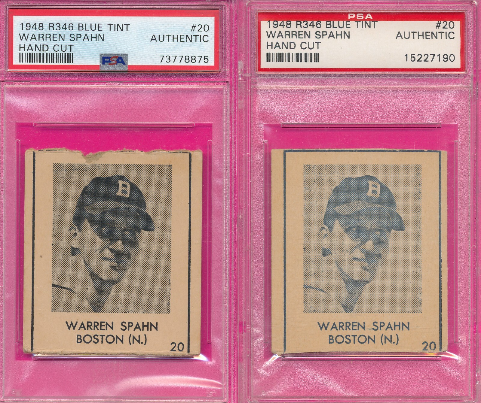 PSA LOT 2) w/RARE BLACK INK WARREN SPAHN ROOKIE R346 BLUE TINT 1948 #20 RC TPHLC