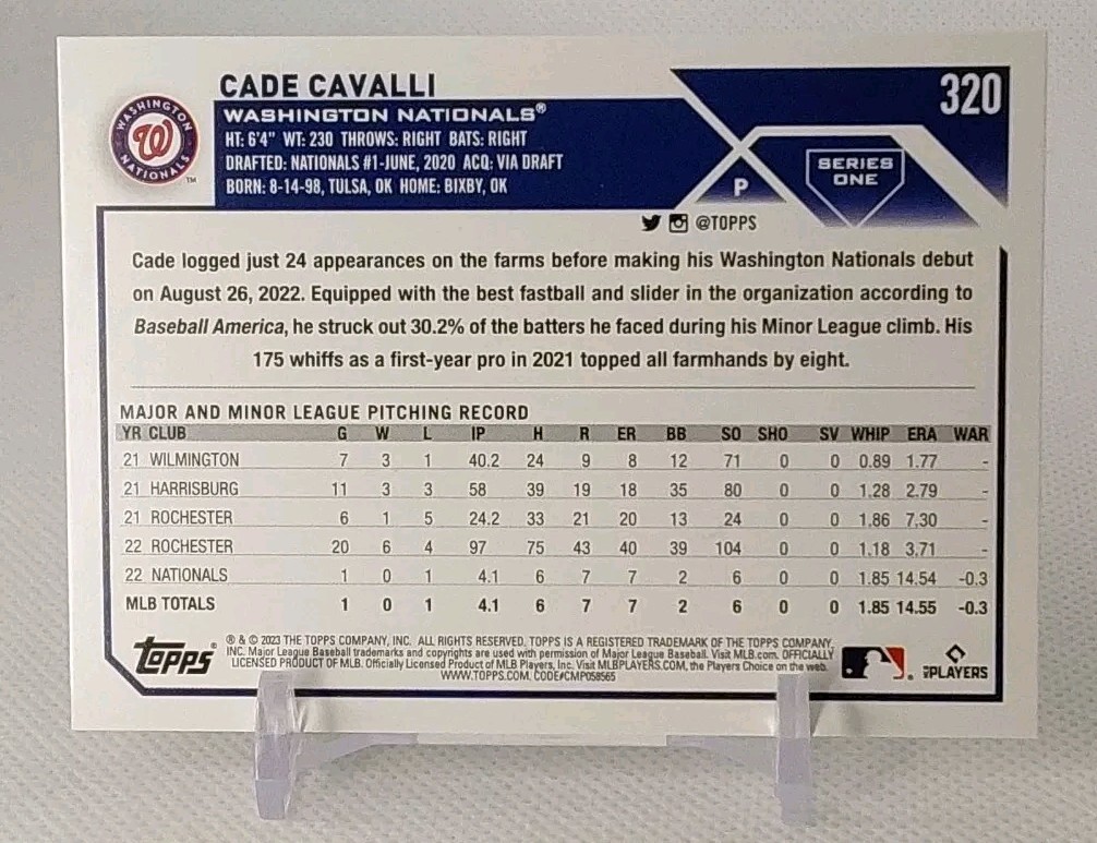 ⚾️2023 topps series one CADE CAVALLI (rookie) baseball card #320⚾️ *Nationals*