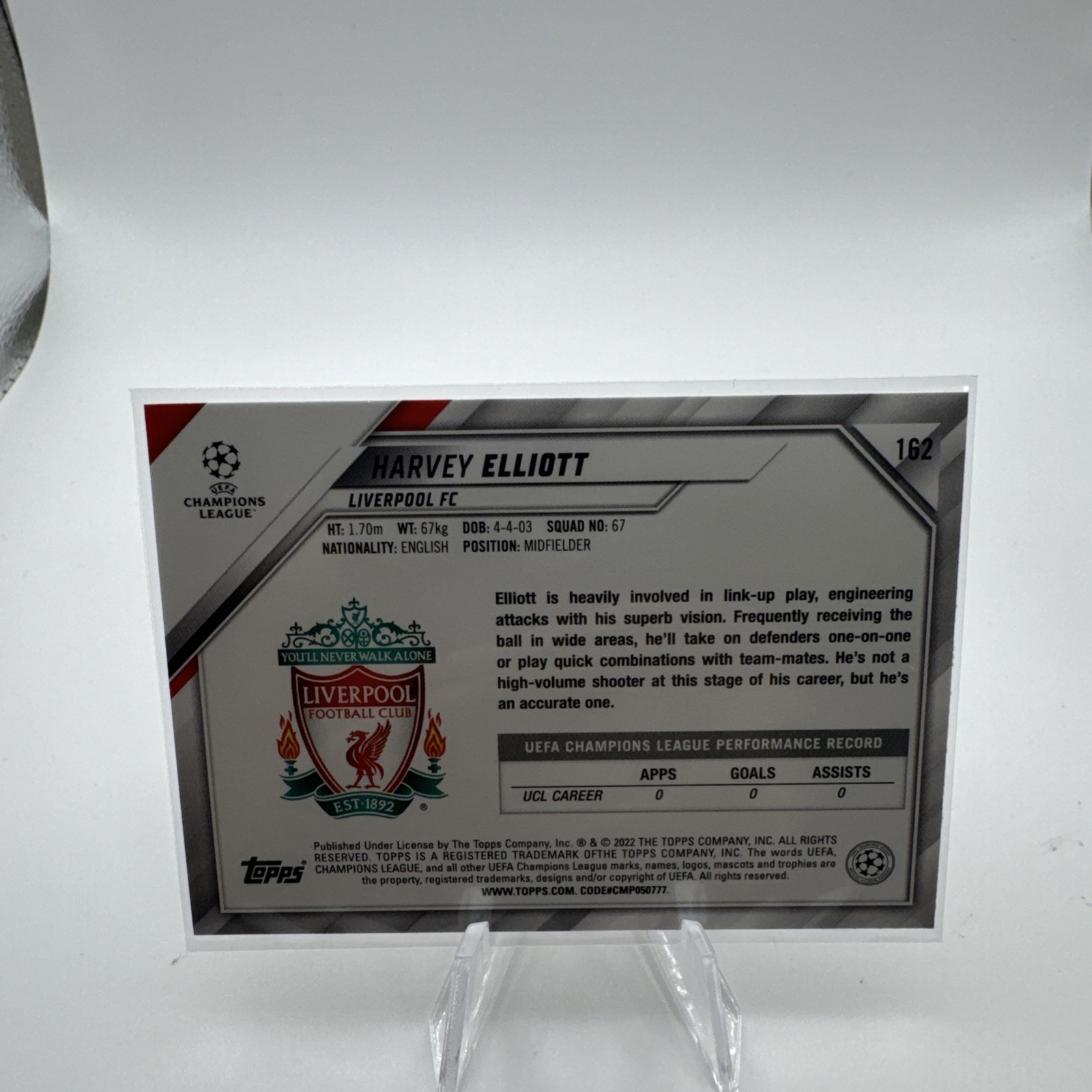 2021-22 Topps UCL Collection Sparkle Foil Harvey Elliott #162 Rookie RC