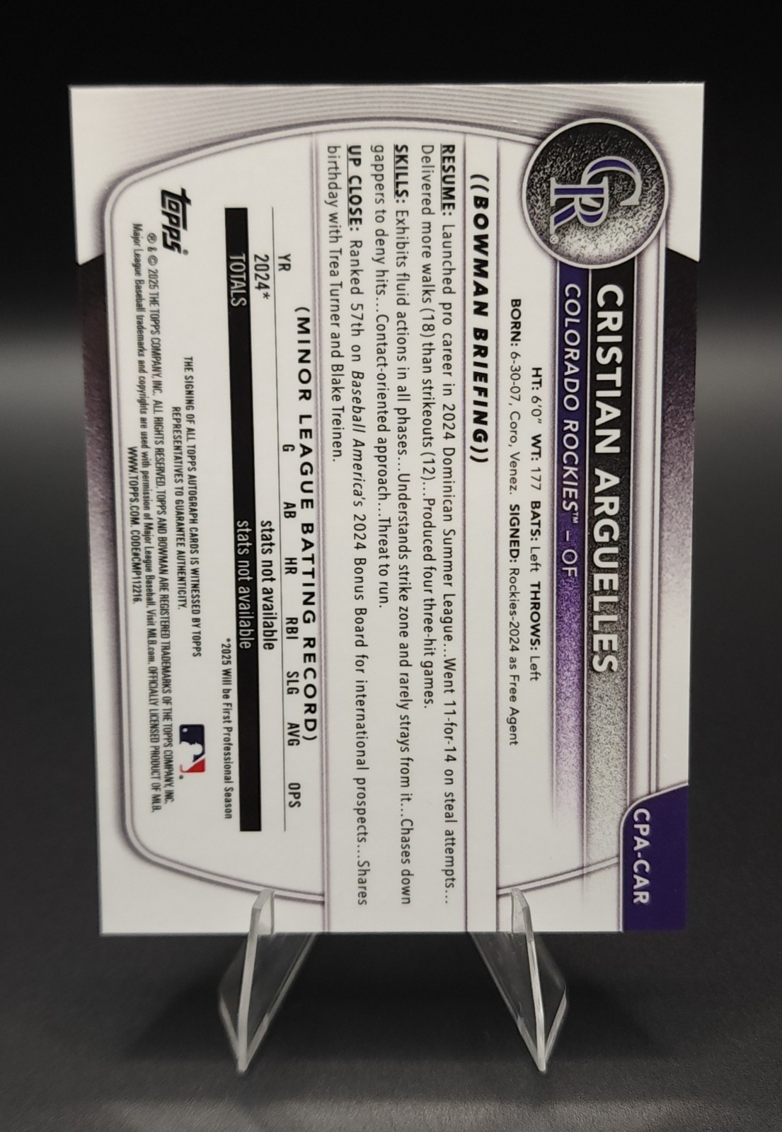 2025 Bowman Chrome 1st CRISTIAN ARGUELLES AUTO True Purple /250 #CPA-CAR Rockies