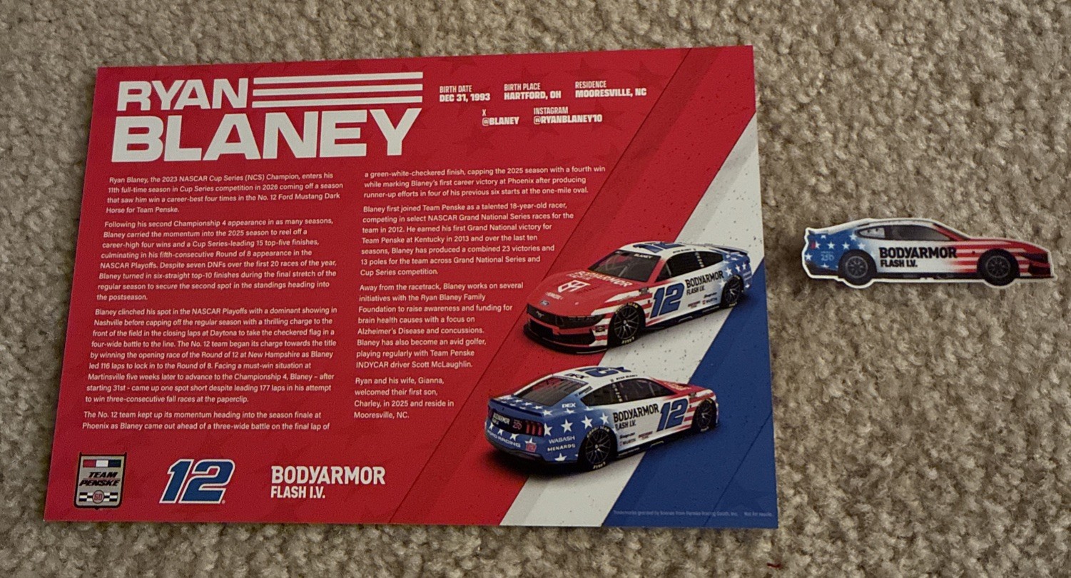 Nascar Driver #12 Ryan Blaney Bodyarmor Flash IV 2026 Postcard