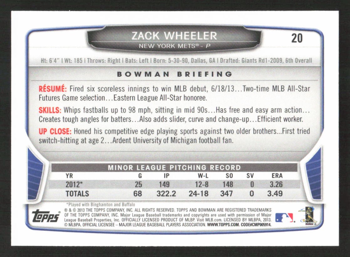 2013 Bowman Draft Picks & Prospects Zack Wheeler RC Rookie #20 Card – Quantity!