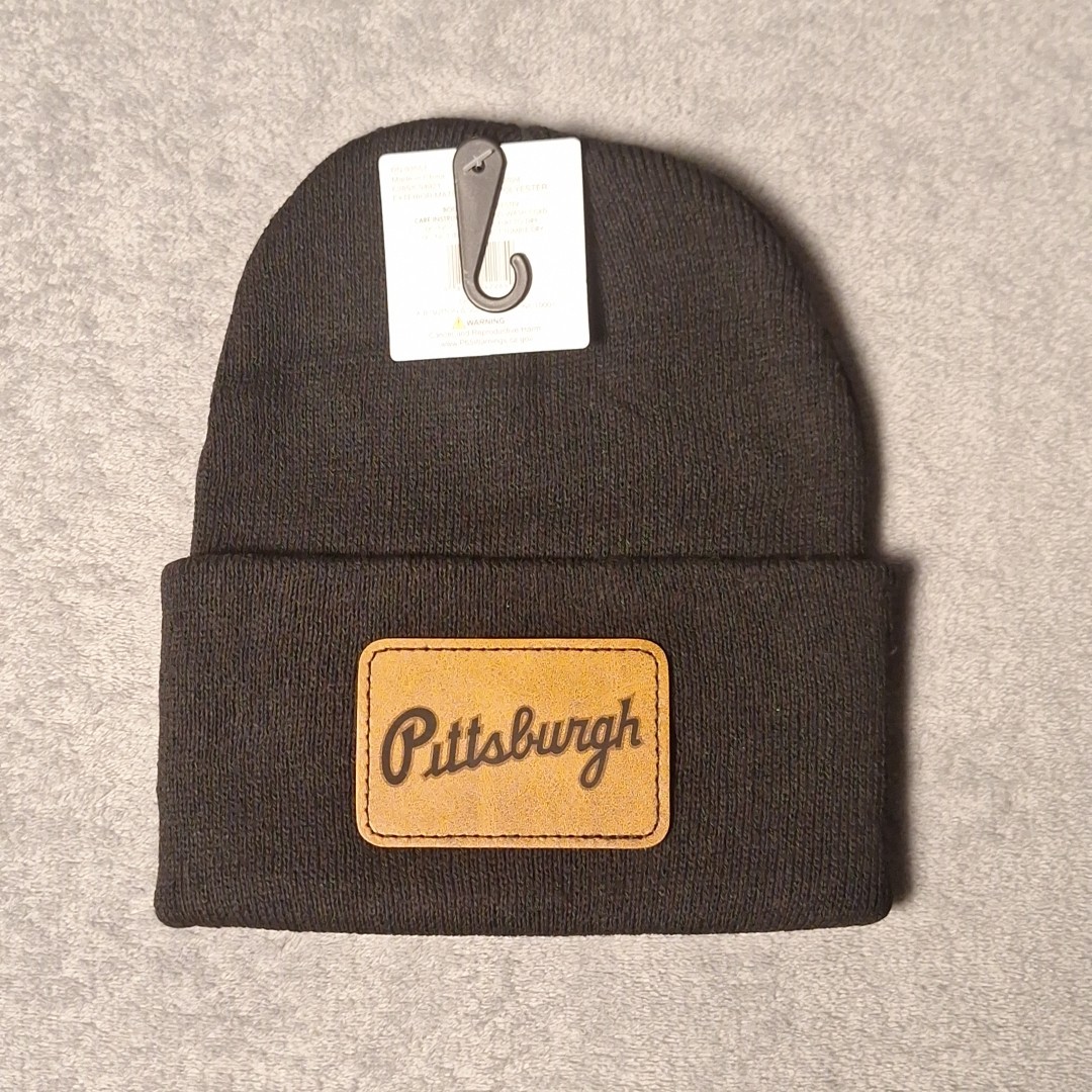 Pittsburgh Pirates Leather Rectangle Patch Black Beanie Cap MLB