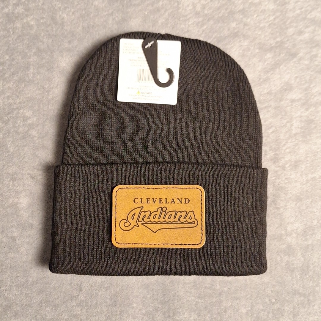Cleveland Indians Leather Rectangle Patch Black Beanie Cap MLB