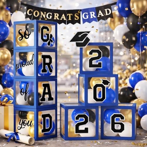 2026 Graduation Balloon Box, 4pcs Transparent Boxes with Letters “2026 Blue