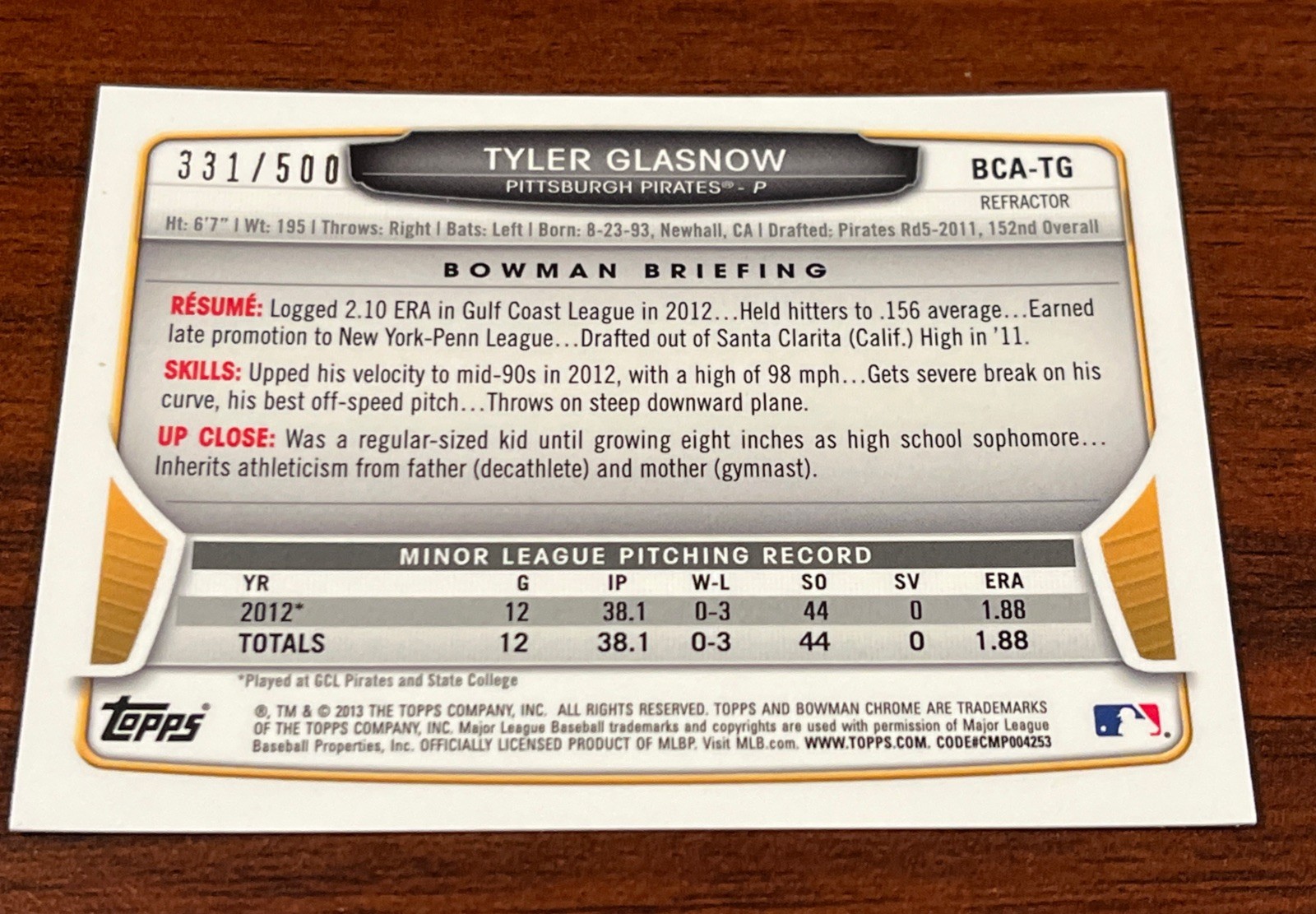 Tyler Glasnow 2013 Bowman Chrome Prospect Refractor Autographs Auto RC #’d /500