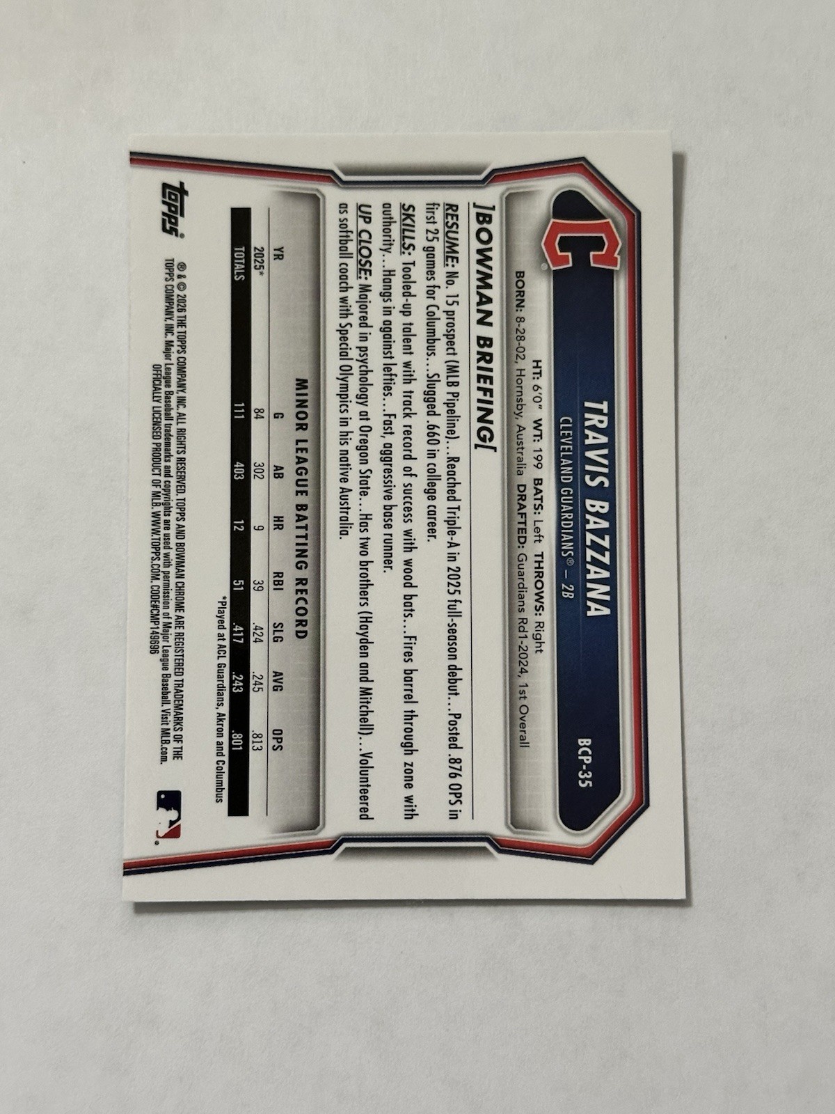 Travis Bazzana 2026 Bowman Chrome BCP-35 Mojo Refractor Guardians