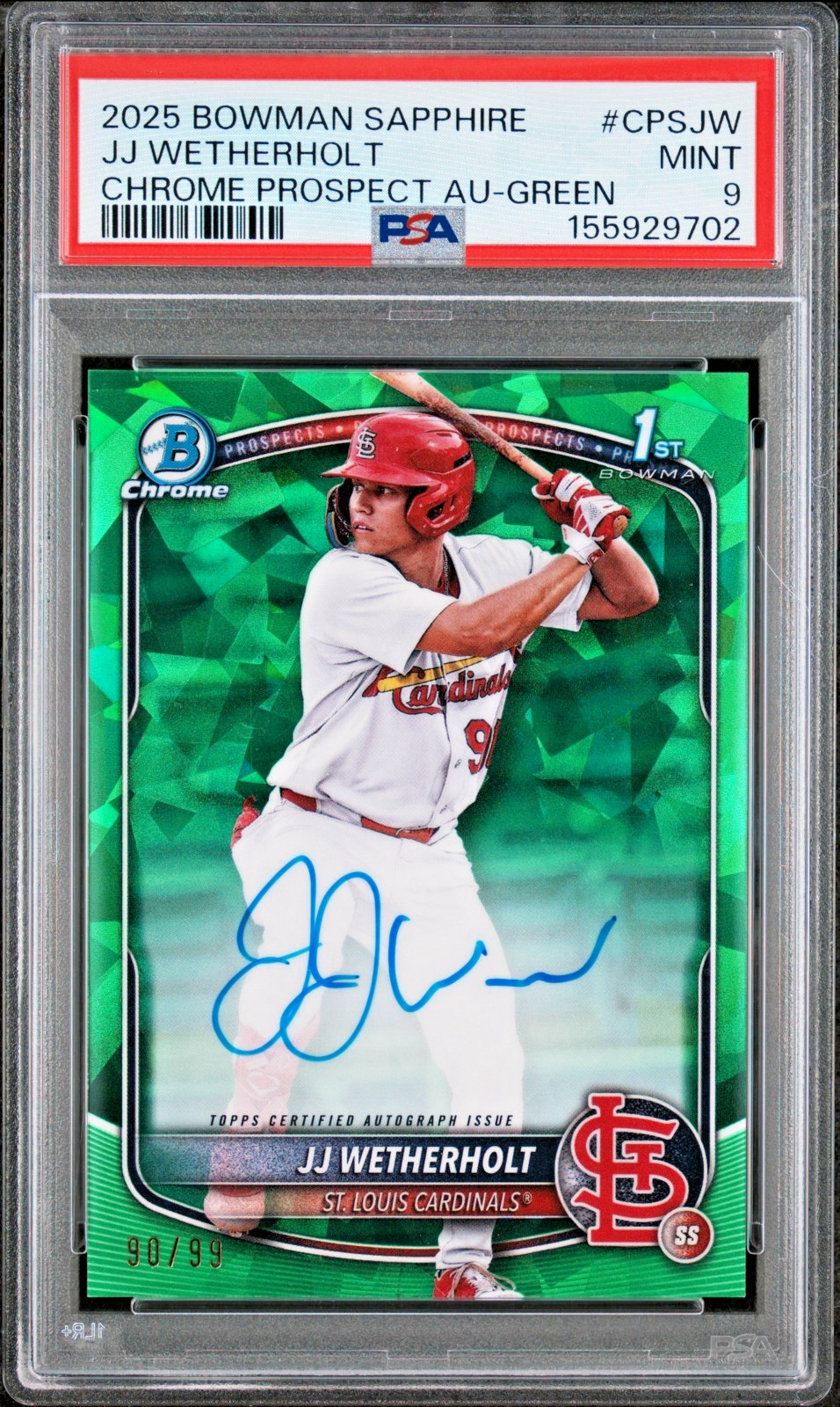 2025 Bowman Sapphire JJ WETHERHOLT 1st – GREEN AUTO 90/99 – PSA 9