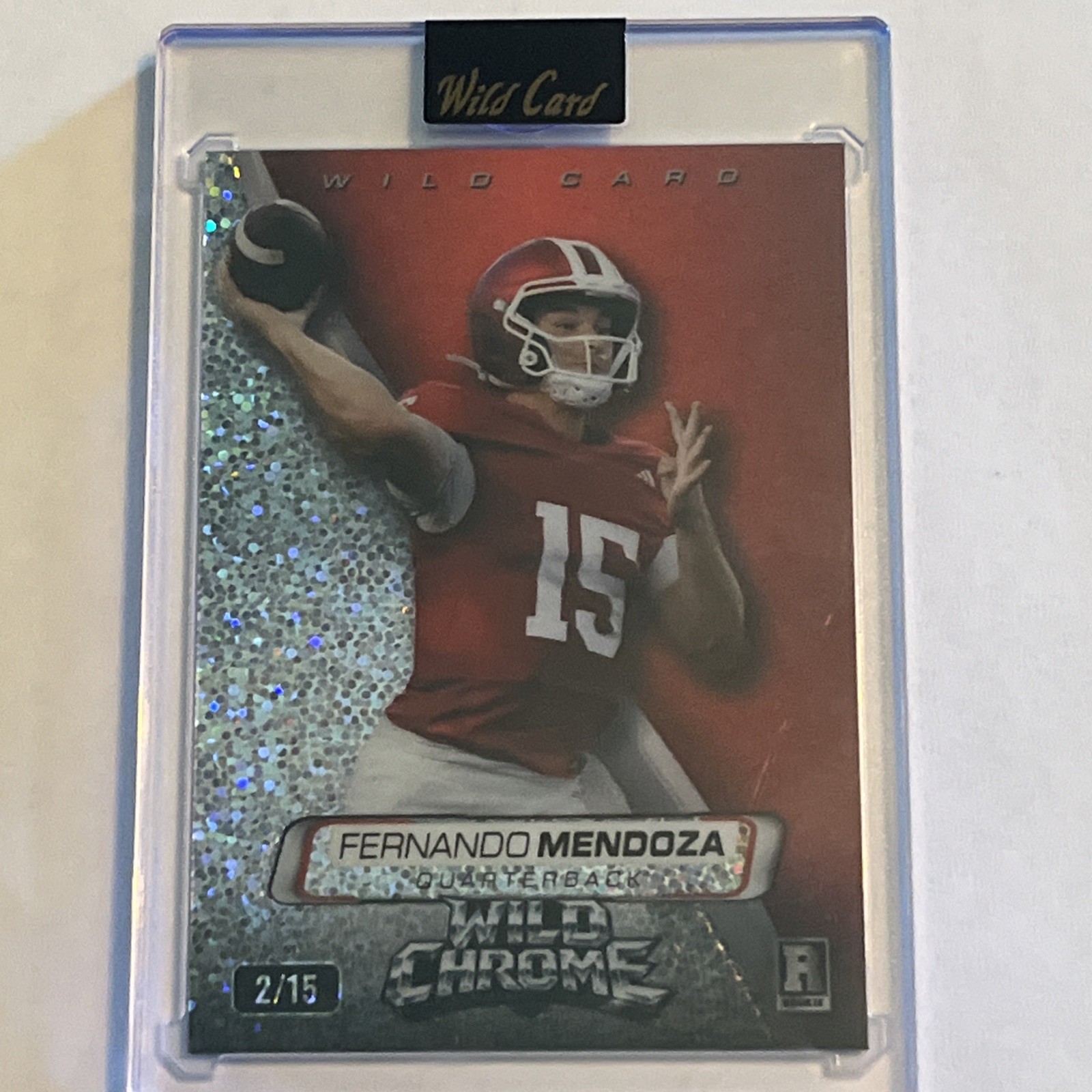 Wild Card Wild Chrome 2026 Fernando Mendoza 2/15 WCCL-FM Silver Red Sparkle IU