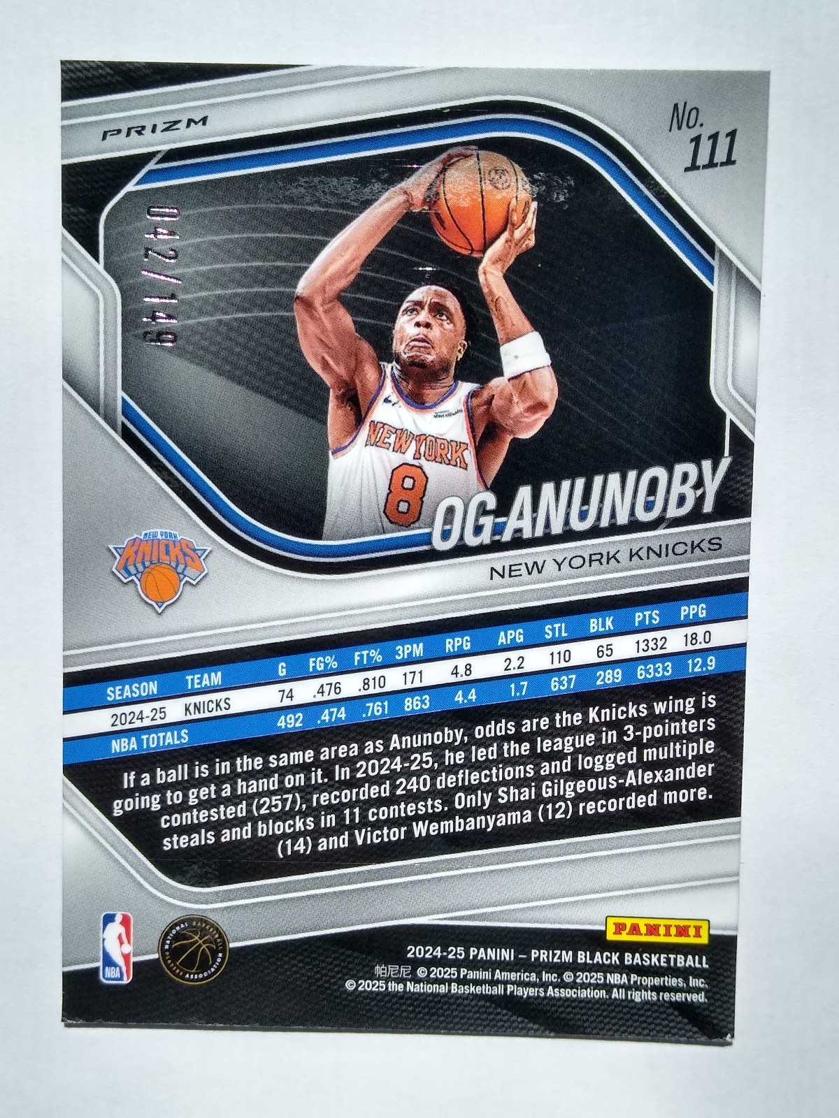 2024-25 Panini Prizm Black OG Anunoby Purple Ice /149 – New York Knicks