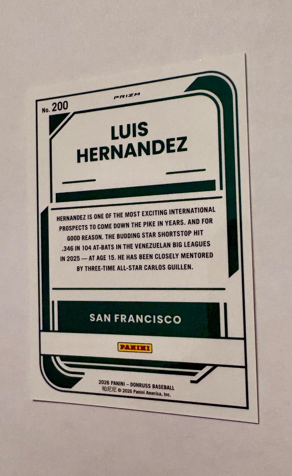 2026 Donruss Optic Luis Hernandez Silver Holo Prizm #200 Rated Prospect
