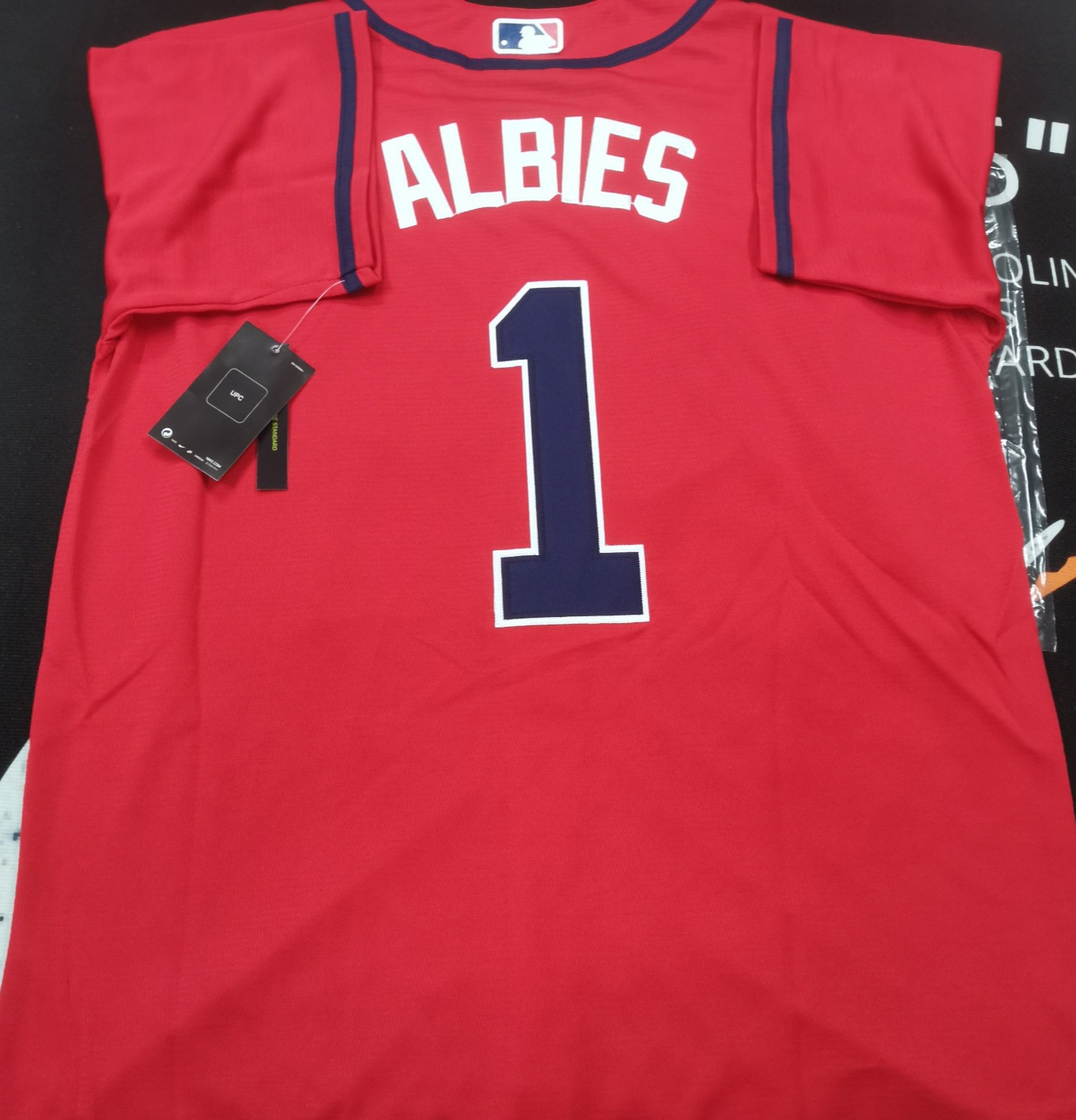Ozzie Albies #1 ATL Red Cool Base Sewn Stitched Jersey.
