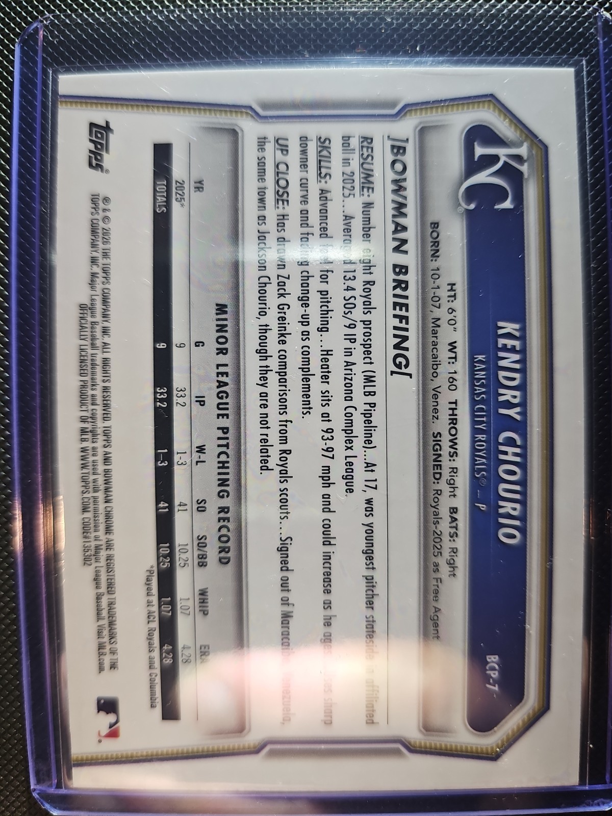 2026 Bowman Chrome Prospects #BCP-7 Kendry Chourio 1St Speckle Refractor /299