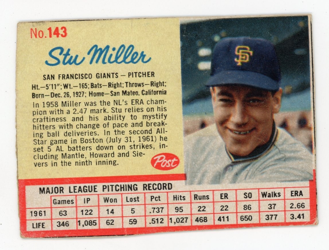 Vintage Post Baseball 1962 POST #143 STU MILLER